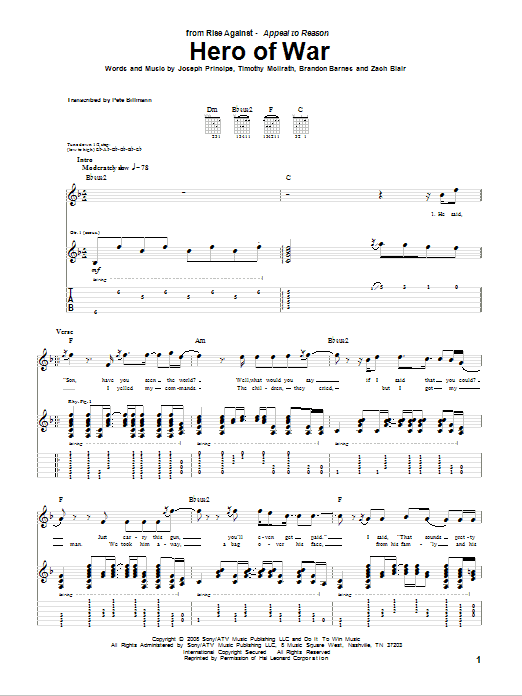 Download Rise Against Hero Of War Sheet Music and learn how to play Guitar Lead Sheet PDF digital score in minutes