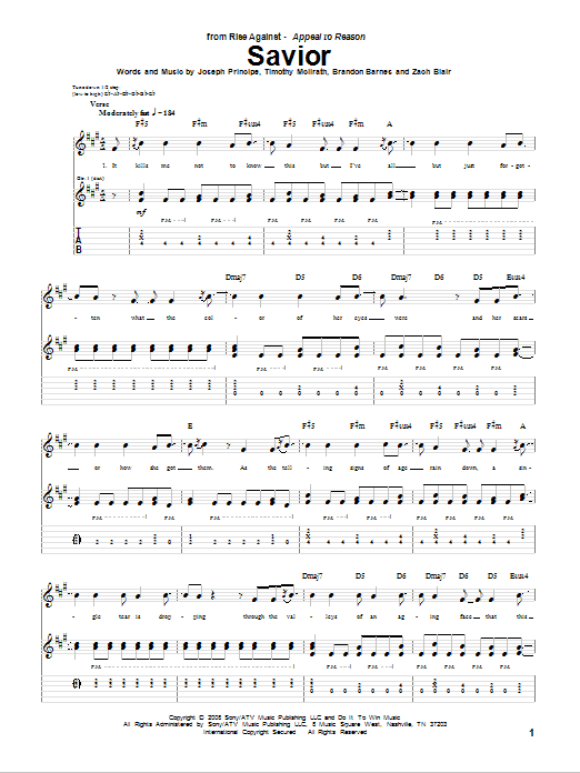 Download Rise Against Savior Sheet Music and learn how to play Guitar Tab PDF digital score in minutes