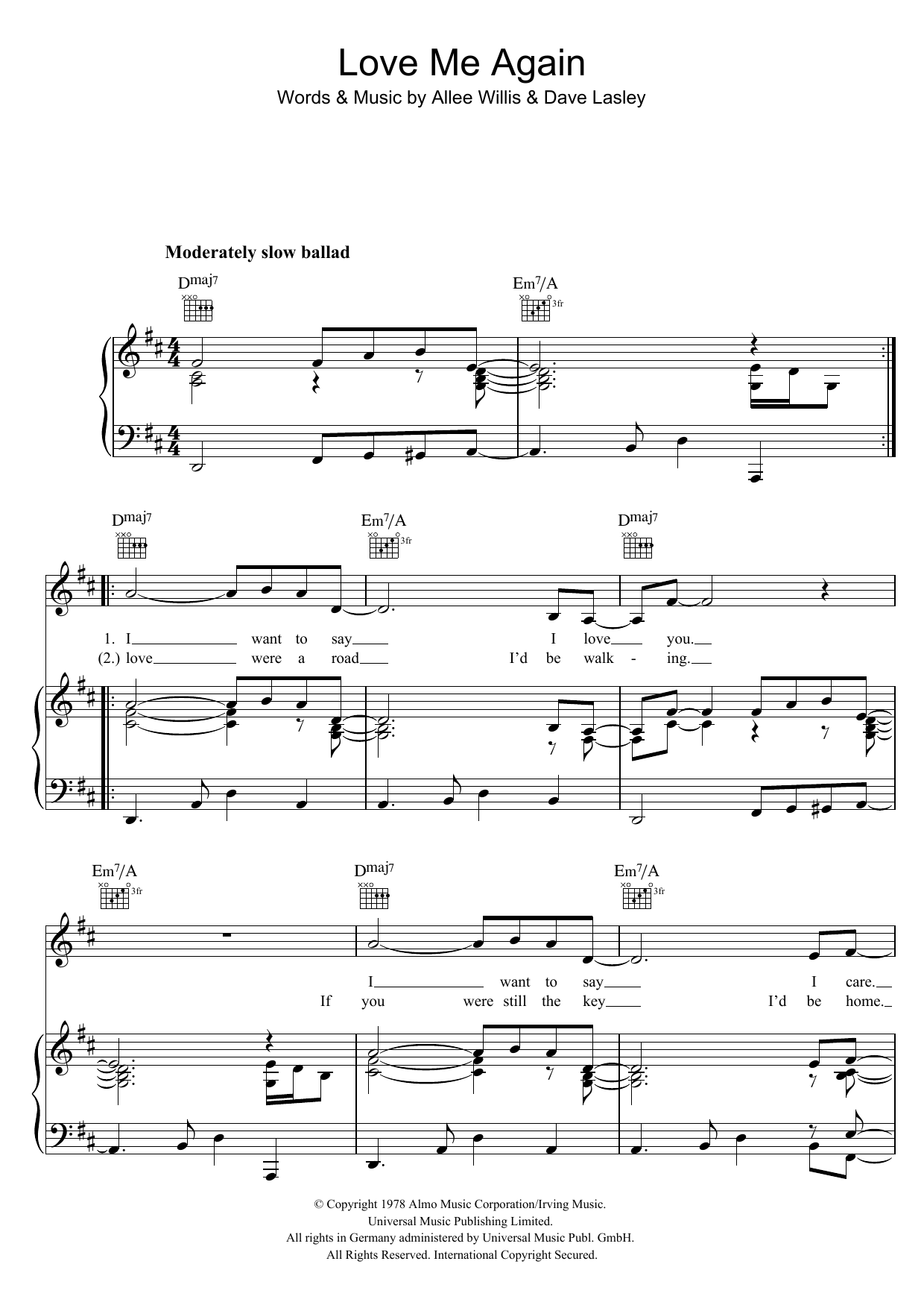 Download Rita Coolidge Love Me Again Sheet Music and learn how to play Piano, Vocal & Guitar (Right-Hand Melody) PDF digital score in minutes