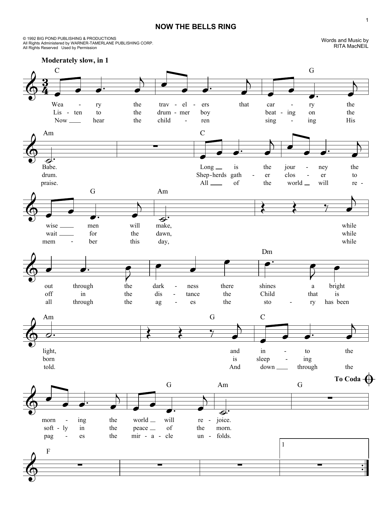 Download Rita MacNeil Now The Bells Ring Sheet Music and learn how to play Lead Sheet / Fake Book PDF digital score in minutes