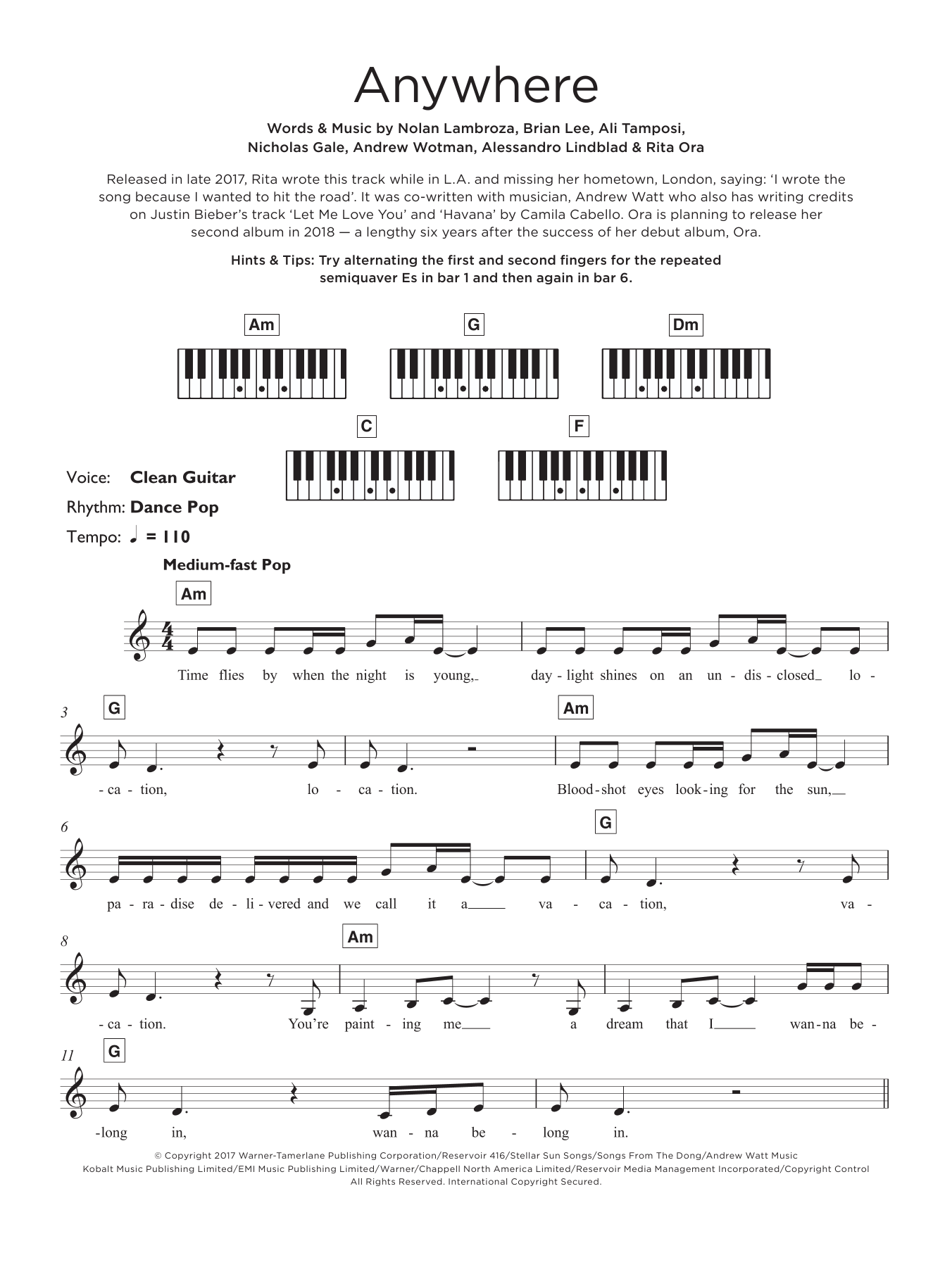 Download Rita Ora Anywhere Sheet Music and learn how to play Beginner Piano PDF digital score in minutes