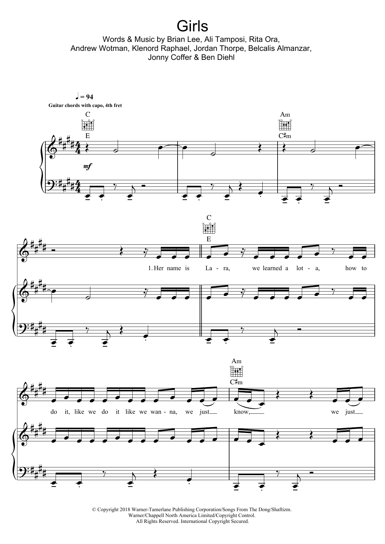 Download Rita Ora Girls (featuring Cardi B, Bebe Rexha and Charli XCX) Sheet Music and learn how to play Piano, Vocal & Guitar PDF digital score in minutes