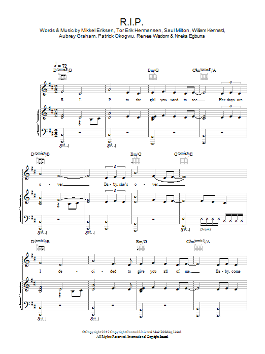 Download Rita Ora R.I.P. Sheet Music and learn how to play Piano, Vocal & Guitar (Right-Hand Melody) PDF digital score in minutes