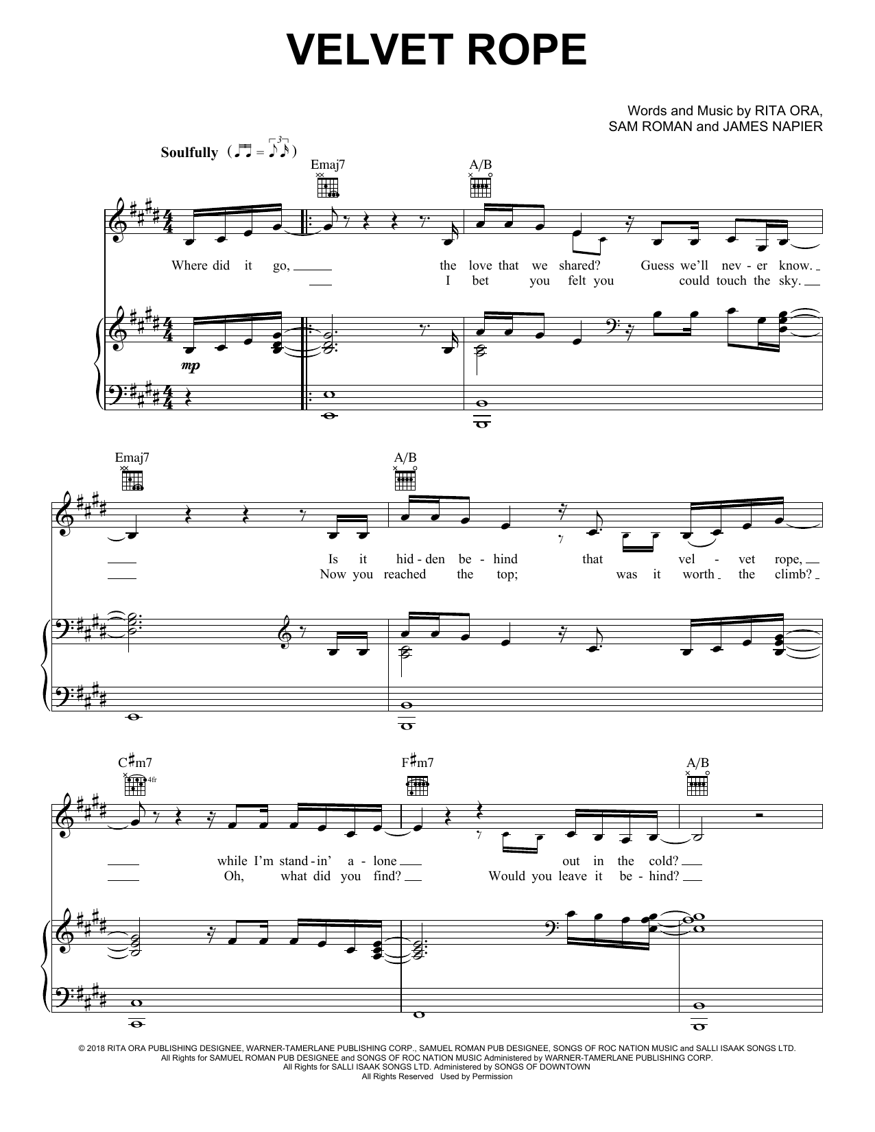 Download Rita Ora Velvet Rope Sheet Music and learn how to play Piano, Vocal & Guitar Chords (Right-Hand Melody) PDF digital score in minutes