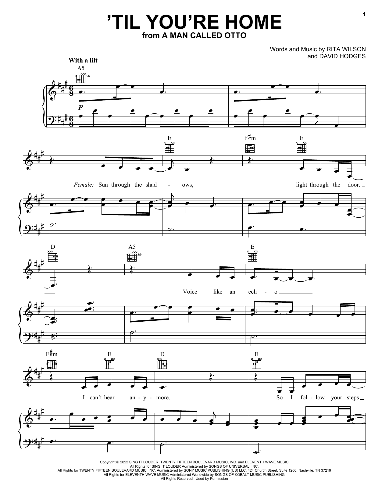 Download Rita Wilson & Sebastian Yatra Til You're Home (from A Man Called Otto) Sheet Music and learn how to play Piano, Vocal & Guitar Chords (Right-Hand Melody) PDF digital score in minutes