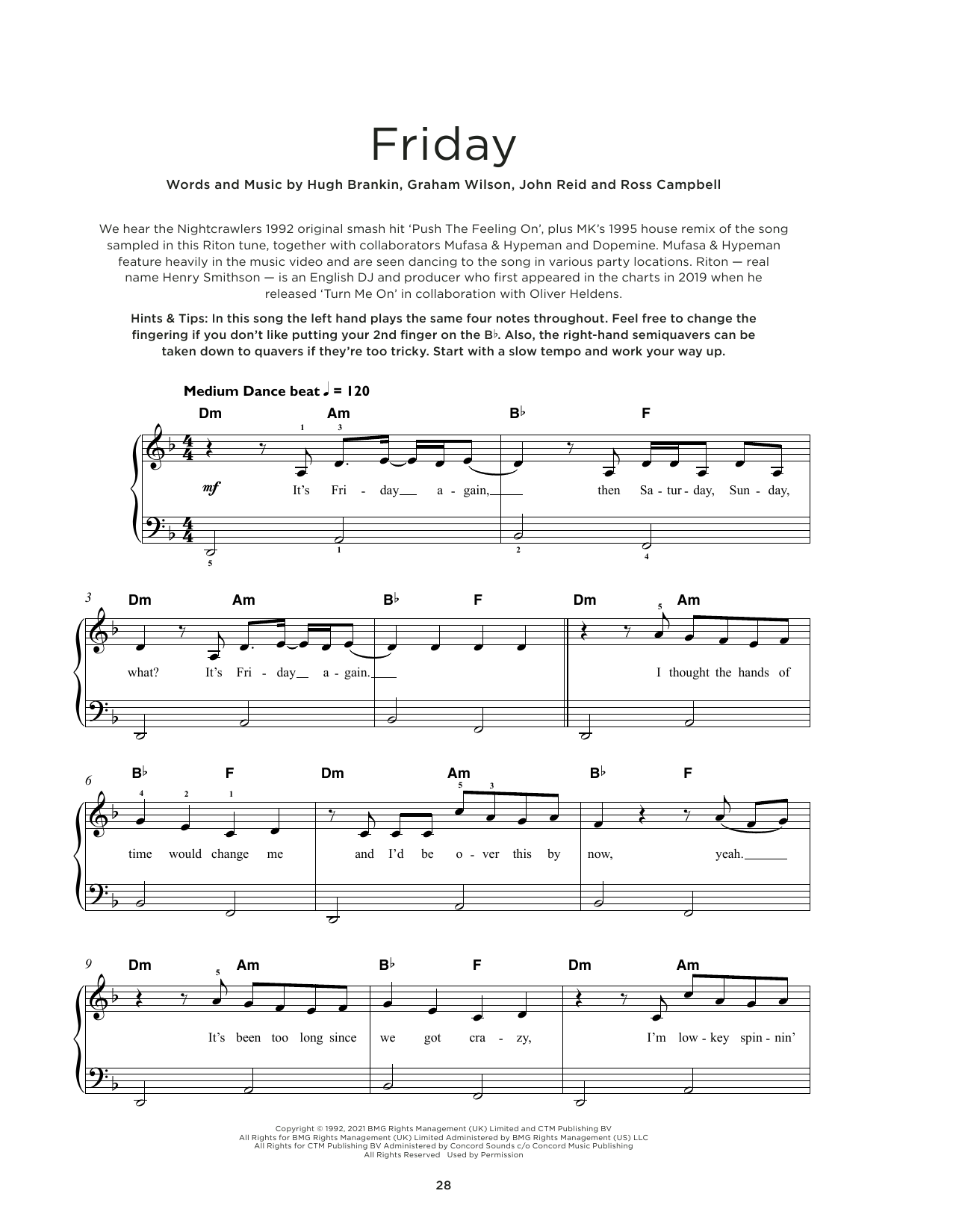 Download Riton and Nightcrawlers Friday (feat. Mufasa & Hypeman) Sheet Music and learn how to play Really Easy Piano PDF digital score in minutes