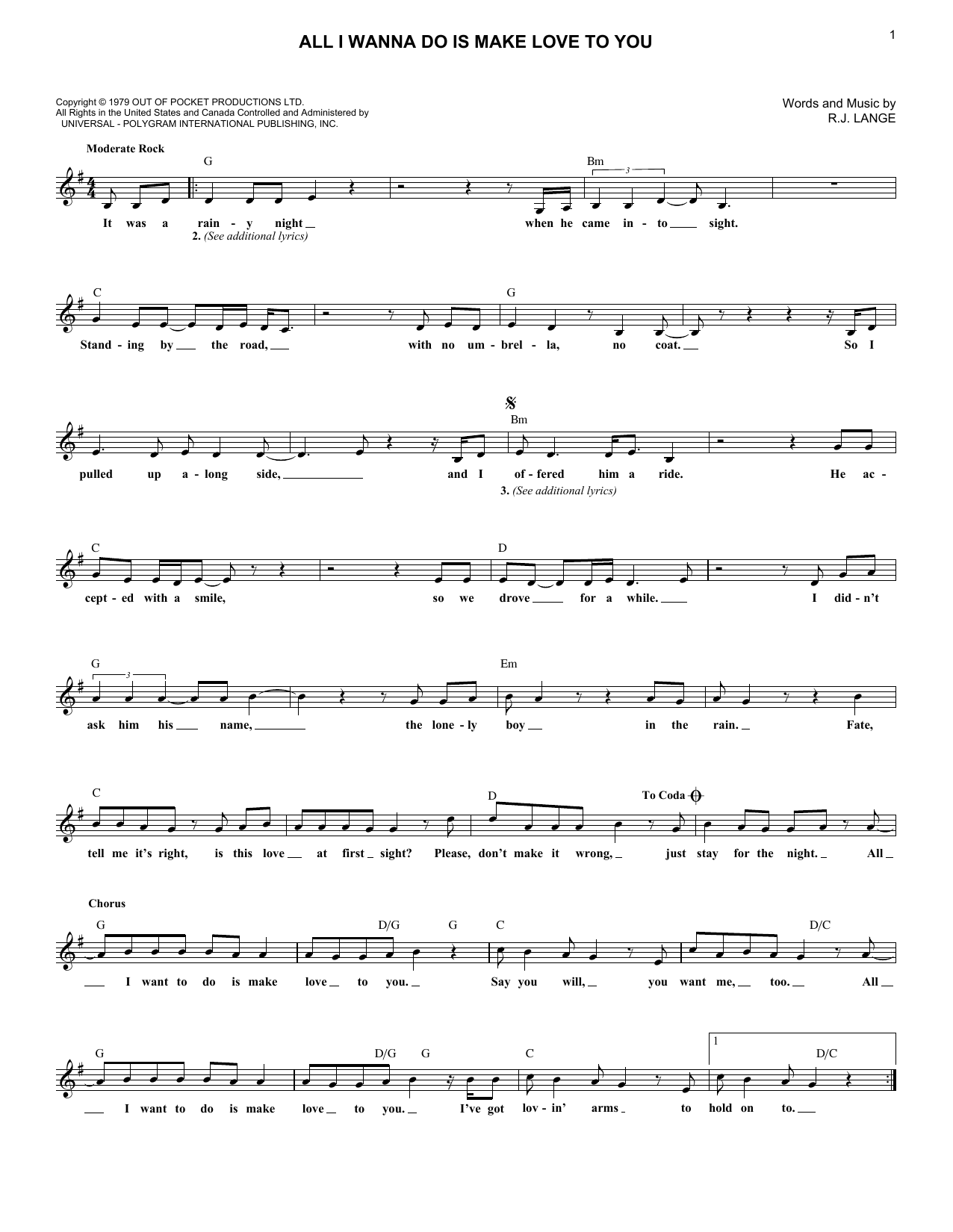 Download R.J. Lange All I Wanna Do Is Make Love To You Sheet Music and learn how to play Melody Line, Lyrics & Chords PDF digital score in minutes