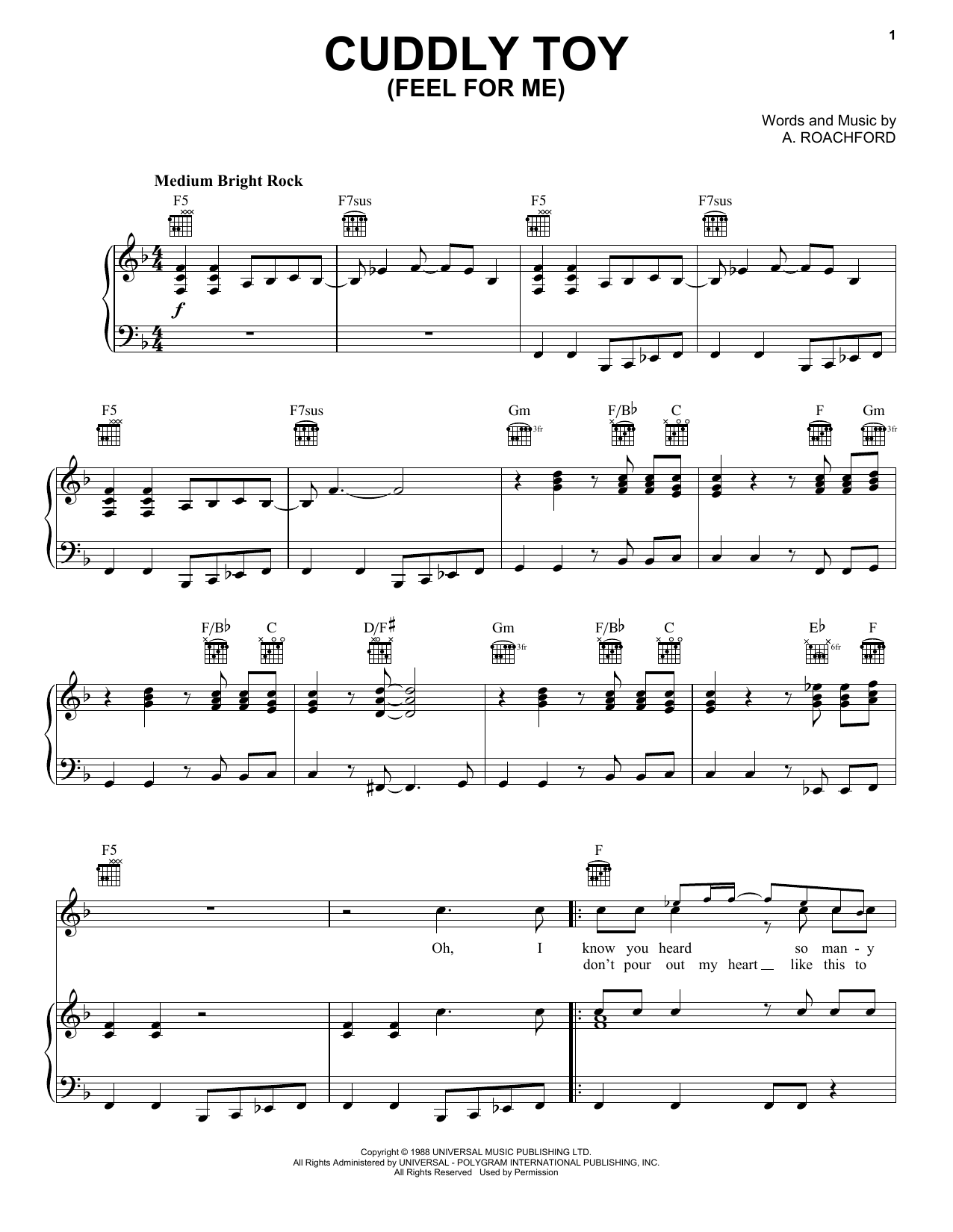 Download Roachford Cuddly Toy (Feel For Me) Sheet Music and learn how to play Piano, Vocal & Guitar Chords (Right-Hand Melody) PDF digital score in minutes