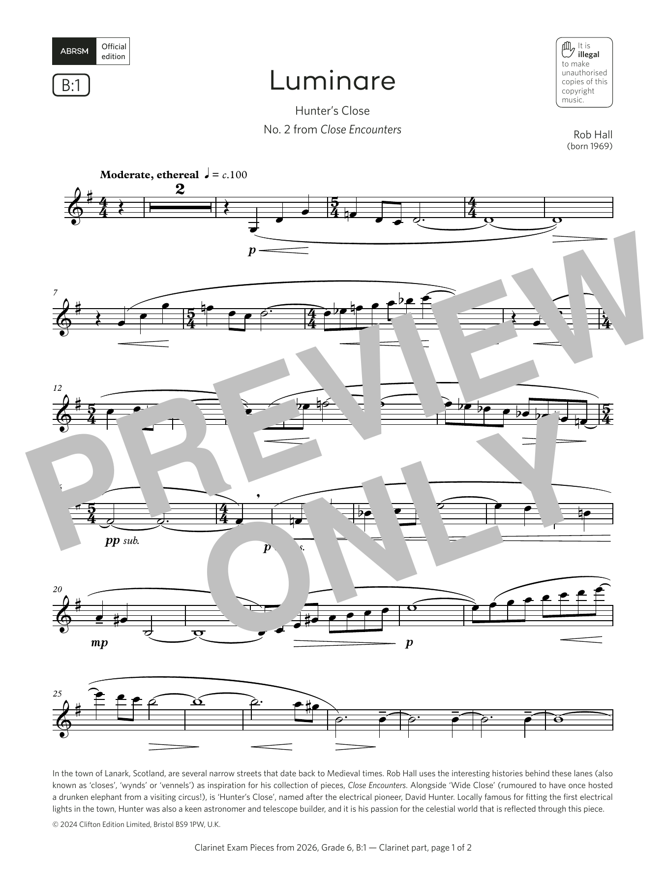 Download Rob Hall Luminare (Grade 6, list B1, from the ABRSM Clarinet Syllabus from 2026) Sheet Music and learn how to play Clarinet Solo PDF digital score in minutes