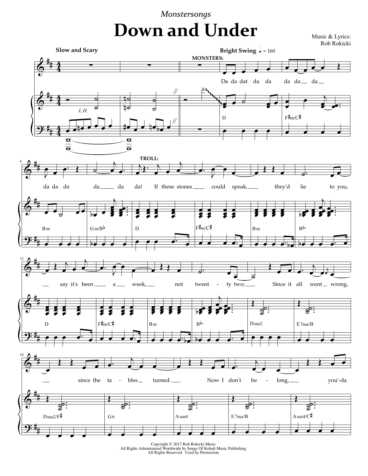 Download Rob Rokicki Down And Under (from Monstersongs) Sheet Music and learn how to play Piano & Vocal PDF digital score in minutes