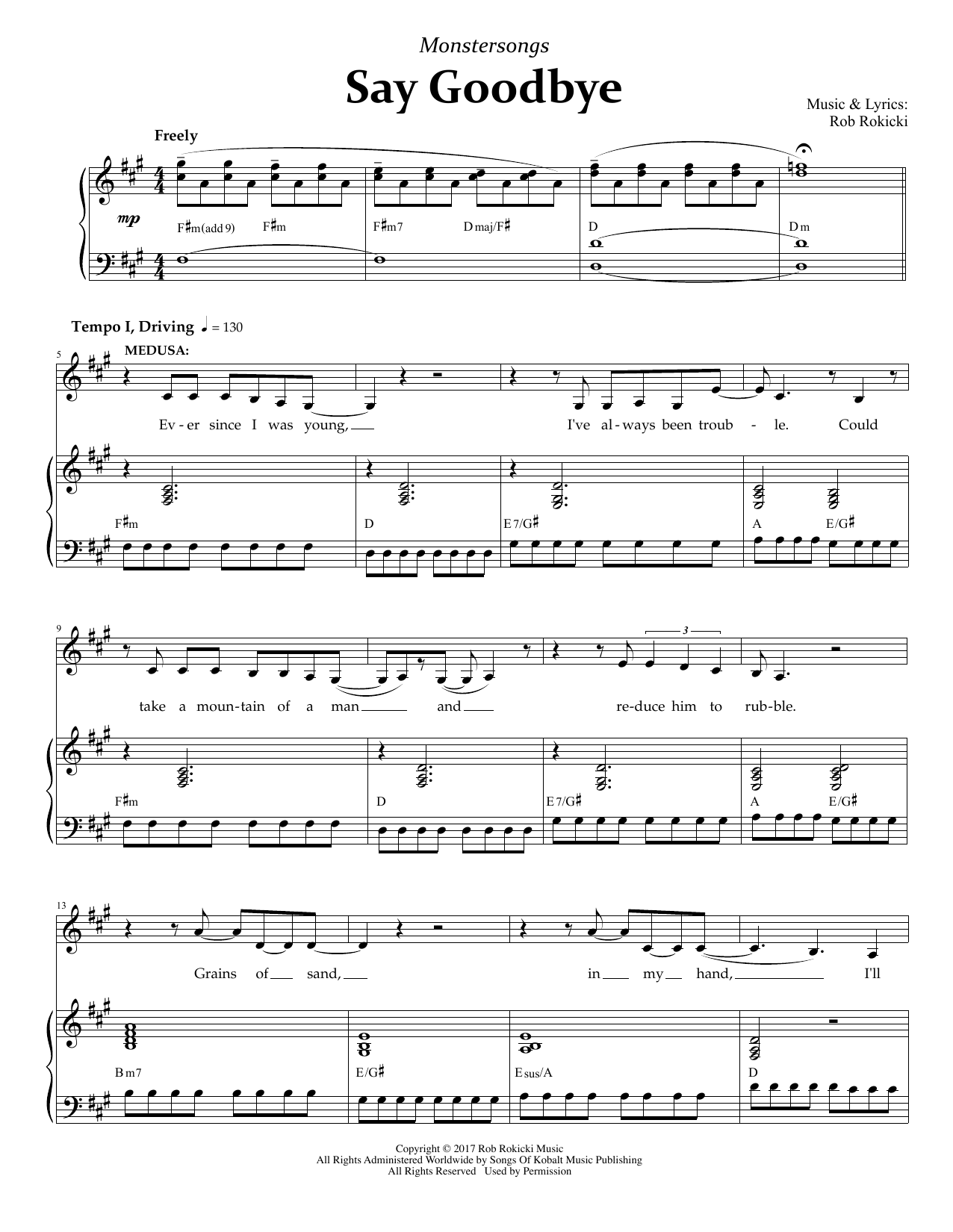 Download Rob Rokicki Say Goodbye (from Monstersongs) Sheet Music and learn how to play Piano & Vocal PDF digital score in minutes