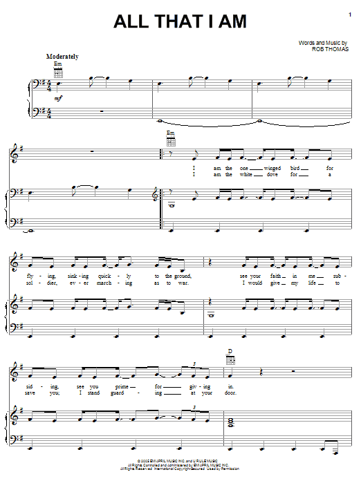Download Rob Thomas All That I Am Sheet Music and learn how to play Piano, Vocal & Guitar (Right-Hand Melody) PDF digital score in minutes