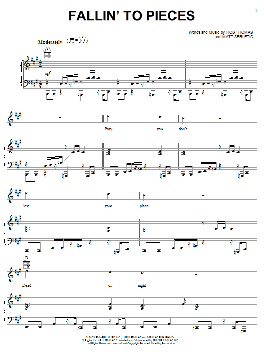 Download Rob Thomas Fallin' To Pieces Sheet Music and learn how to play Piano, Vocal & Guitar (Right-Hand Melody) PDF digital score in minutes