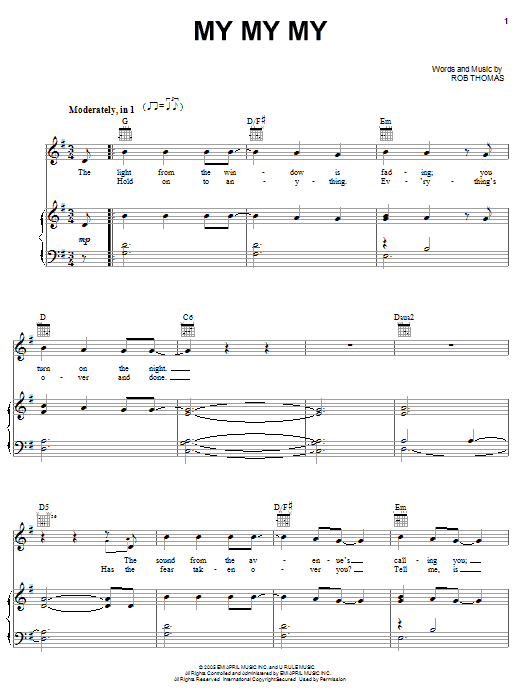 Download Rob Thomas My My My Sheet Music and learn how to play Piano, Vocal & Guitar (Right-Hand Melody) PDF digital score in minutes