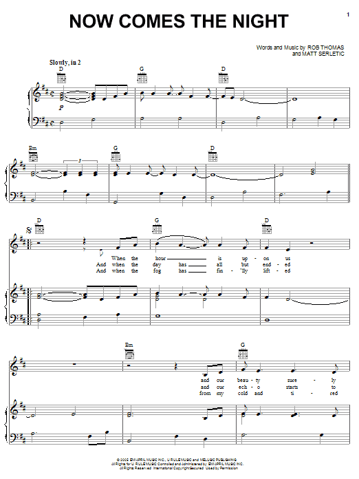 Download Rob Thomas Now Comes The Night Sheet Music and learn how to play Piano, Vocal & Guitar (Right-Hand Melody) PDF digital score in minutes