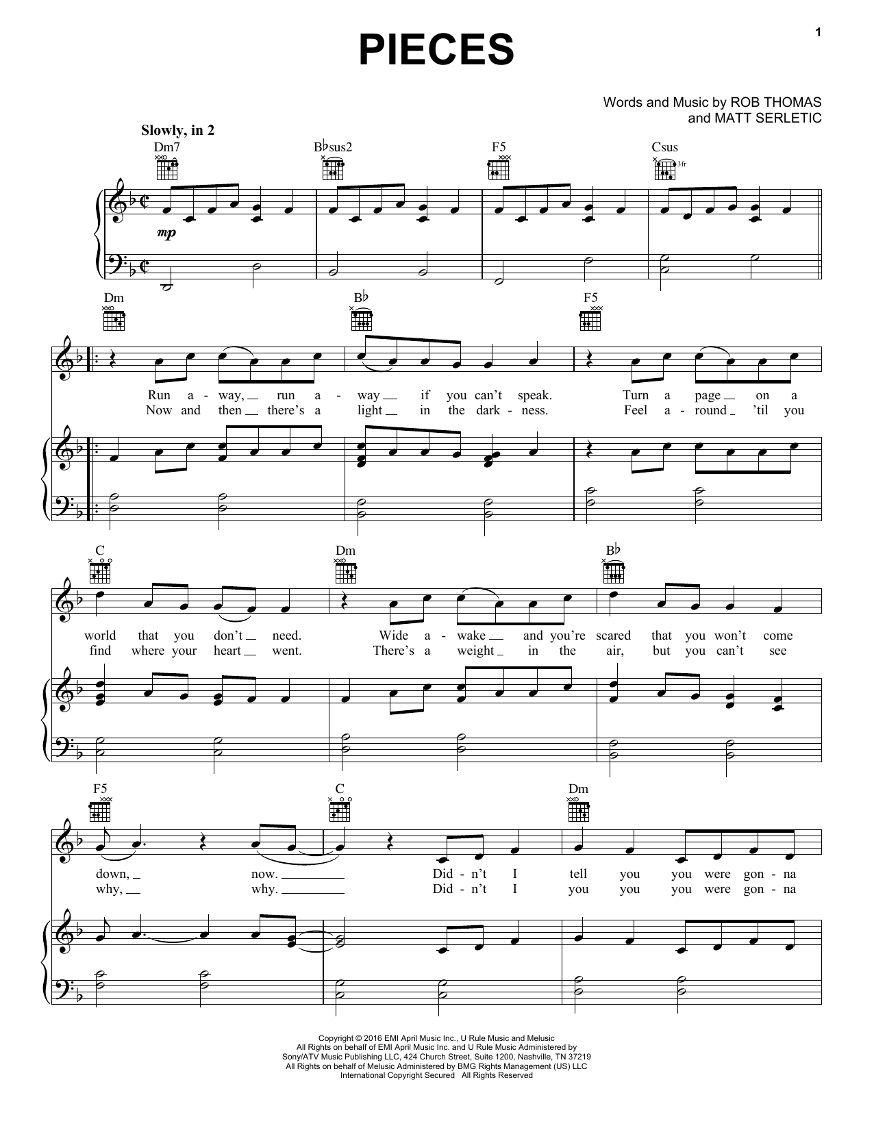 Download Rob Thomas Pieces Sheet Music and learn how to play Piano, Vocal & Guitar (Right-Hand Melody) PDF digital score in minutes
