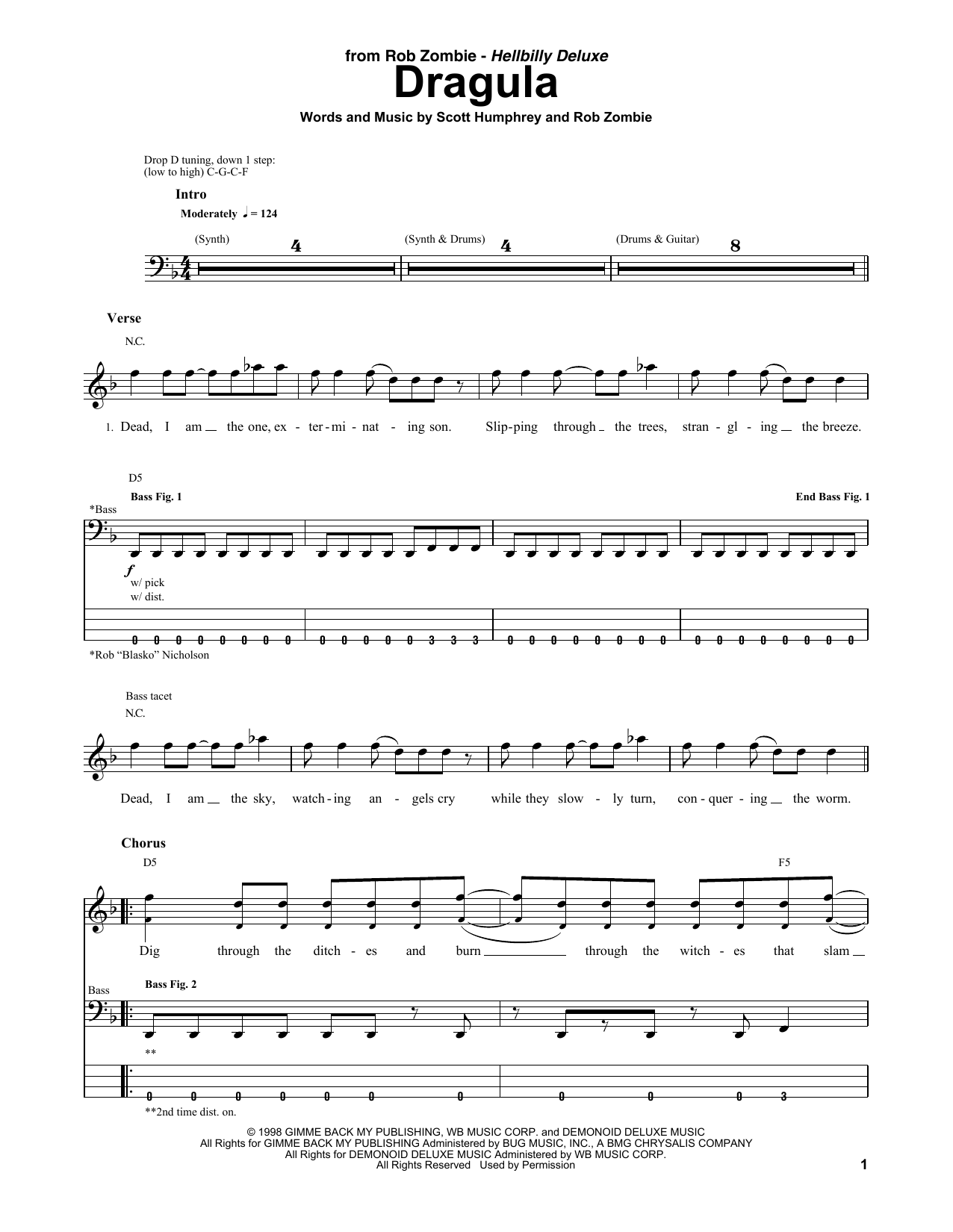 Download Rob Zombie Dragula Sheet Music and learn how to play Bass Guitar Tab PDF digital score in minutes