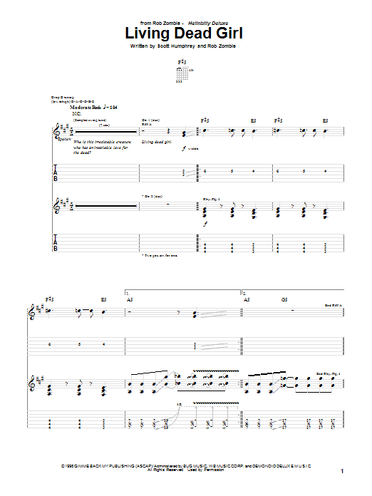 Download Rob Zombie Living Dead Girl Sheet Music and learn how to play Guitar Tab PDF digital score in minutes