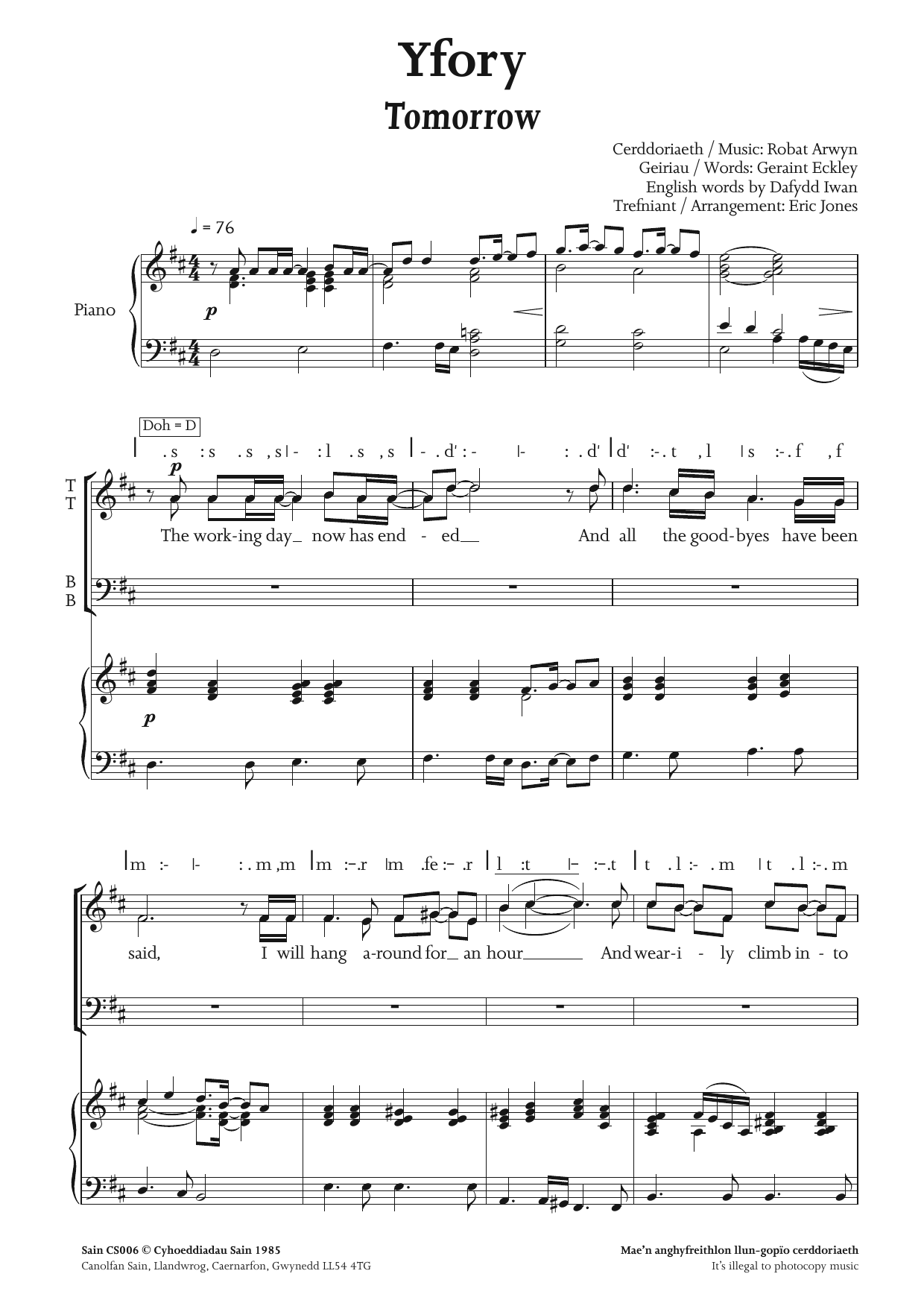 Download Robat Arwyn Tomorrow Sheet Music and learn how to play TTBB PDF digital score in minutes