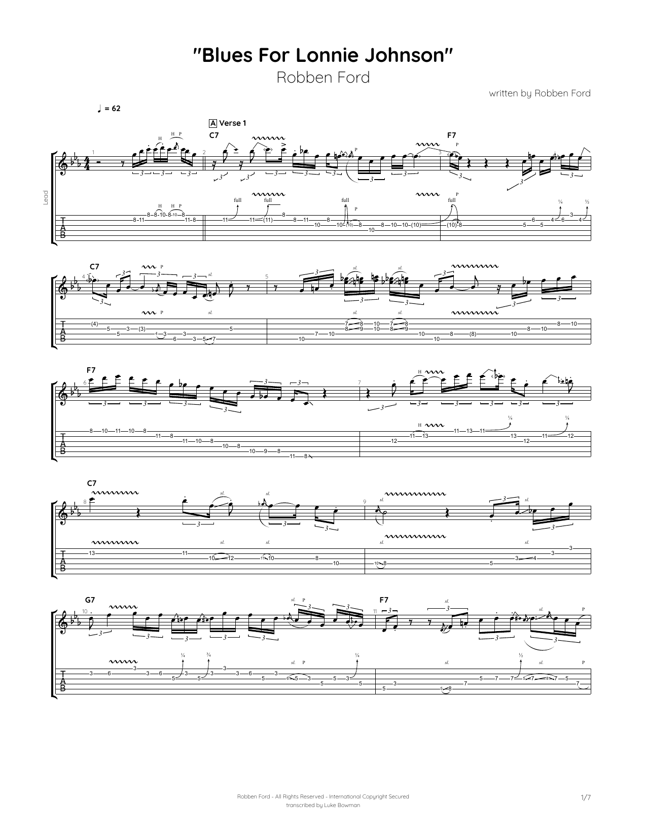 Download Robben Ford Blues for Lonnie Johnson Sheet Music and learn how to play Guitar Tab PDF digital score in minutes