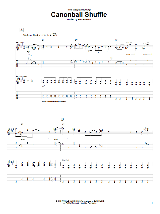 Download Robben Ford Cannonball Shuffle Sheet Music and learn how to play Guitar Tab PDF digital score in minutes