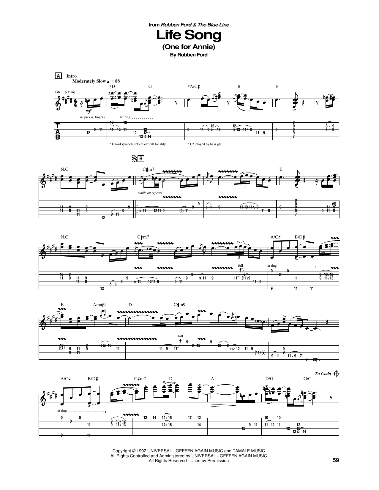 Download Robben Ford Life Song (One For Annie) Sheet Music and learn how to play Guitar Tab PDF digital score in minutes