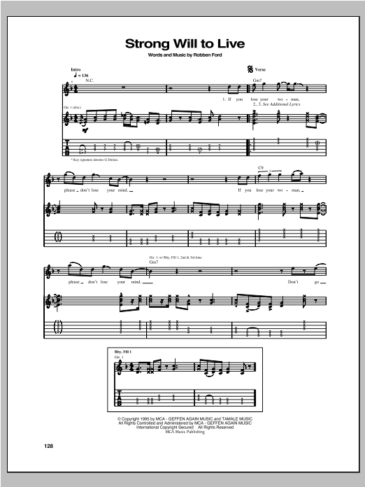 Download Robben Ford Strong Will To Live Sheet Music and learn how to play Guitar Tab PDF digital score in minutes