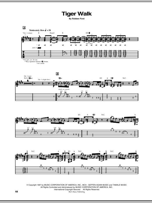 Download Robben Ford Tiger Walk Sheet Music and learn how to play Guitar Tab PDF digital score in minutes