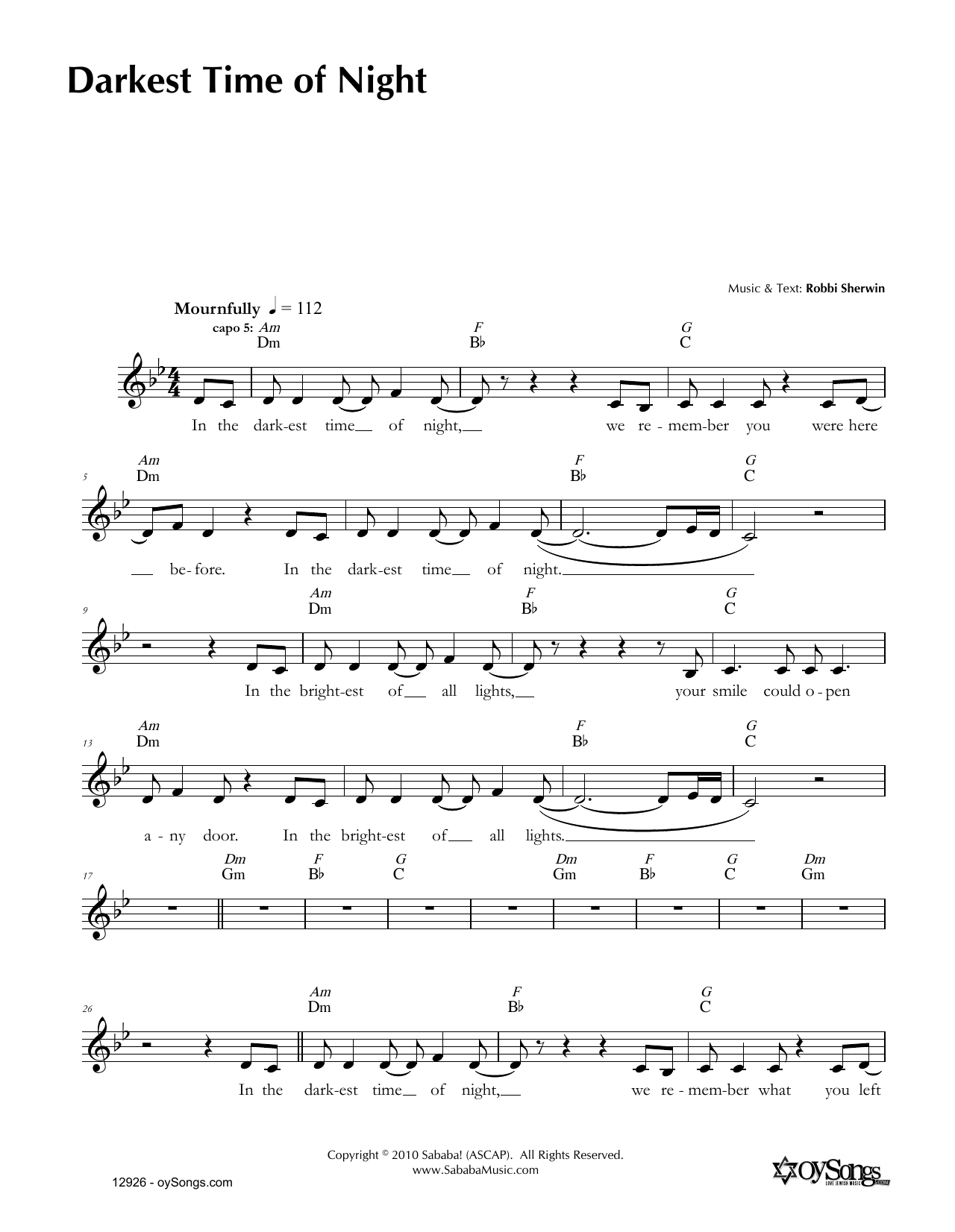 Download Robbi Sherwin Darkest Time of Night Sheet Music and learn how to play Melody Line, Lyrics & Chords PDF digital score in minutes