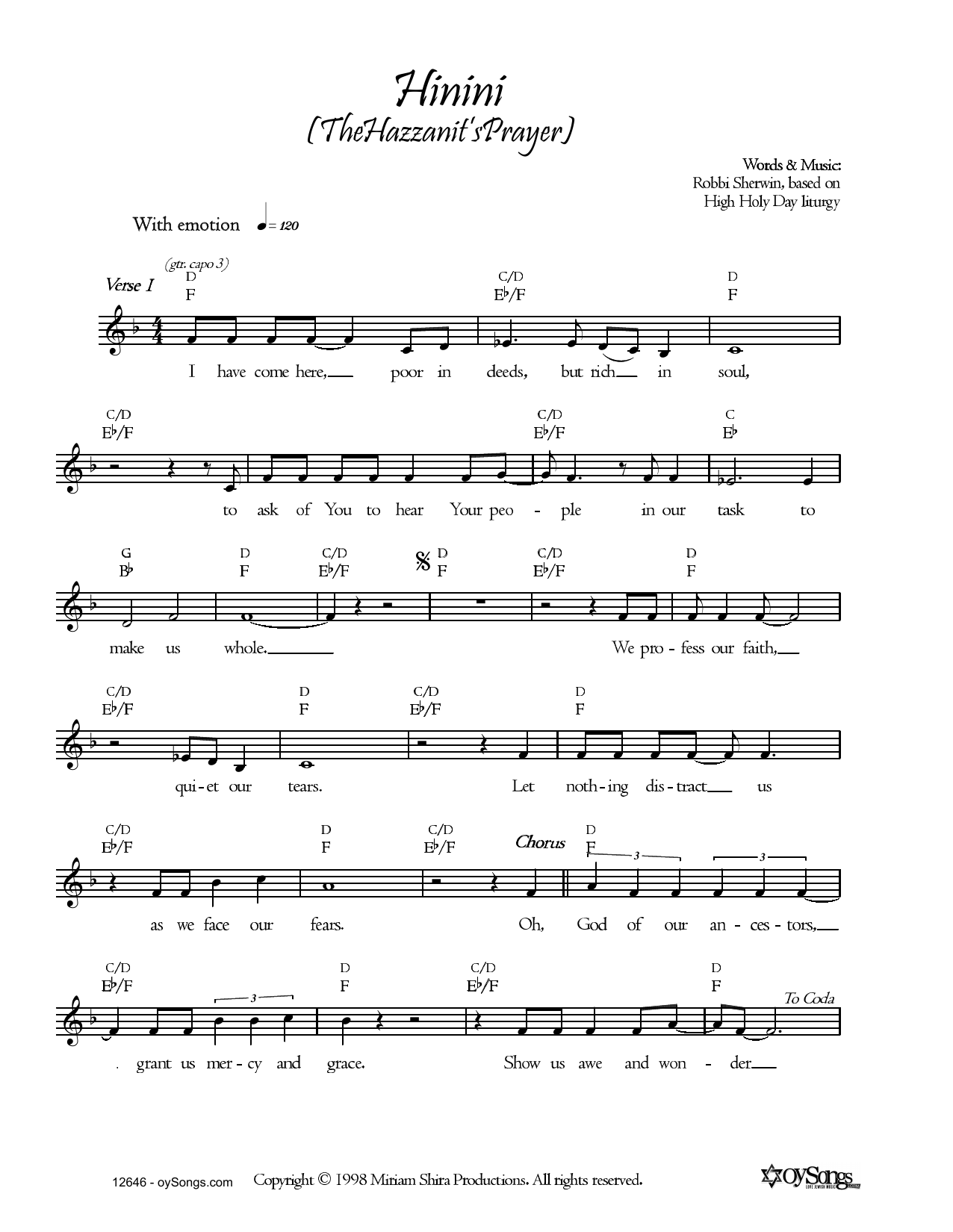 Download Robbi Sherwin Hinini (The Hazzanit's Prayer) Sheet Music and learn how to play Real Book – Melody, Lyrics & Chords PDF digital score in minutes