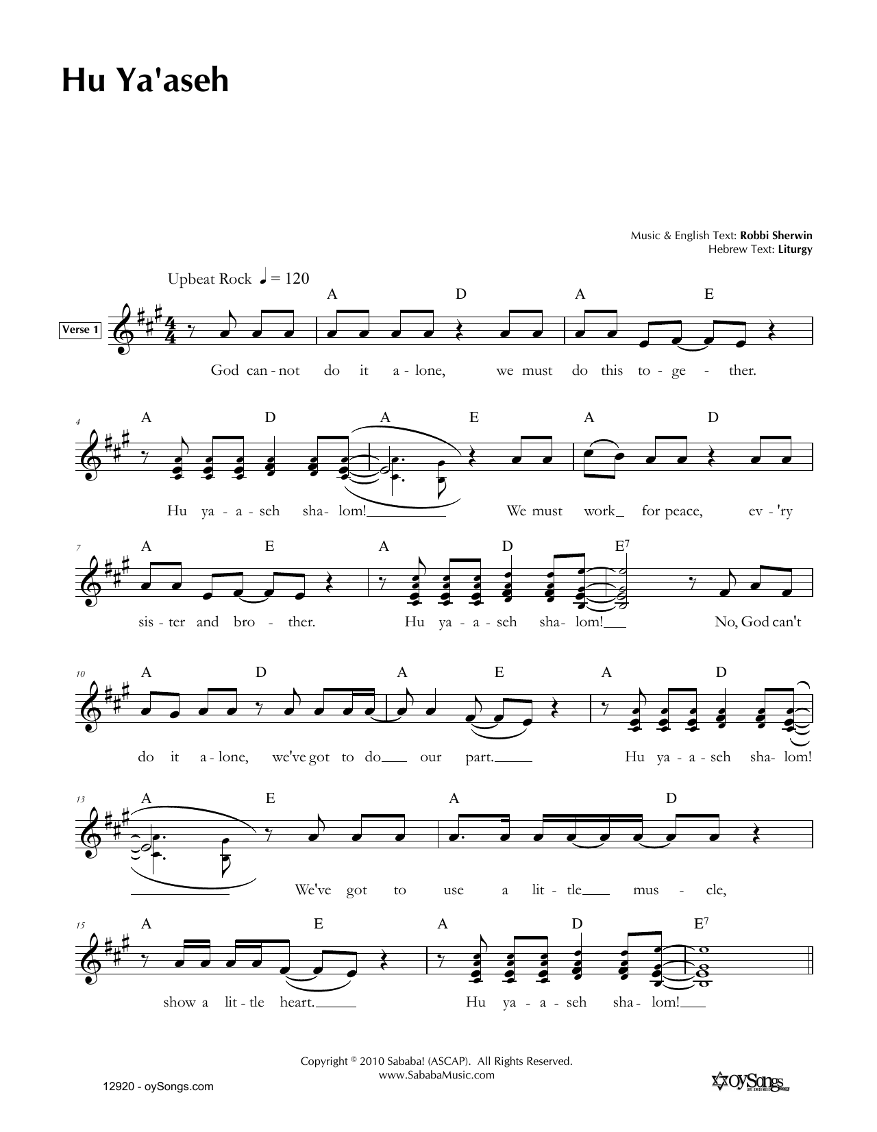 Download Robbi Sherwin Hu Ya'aseh Sheet Music and learn how to play Melody Line, Lyrics & Chords PDF digital score in minutes