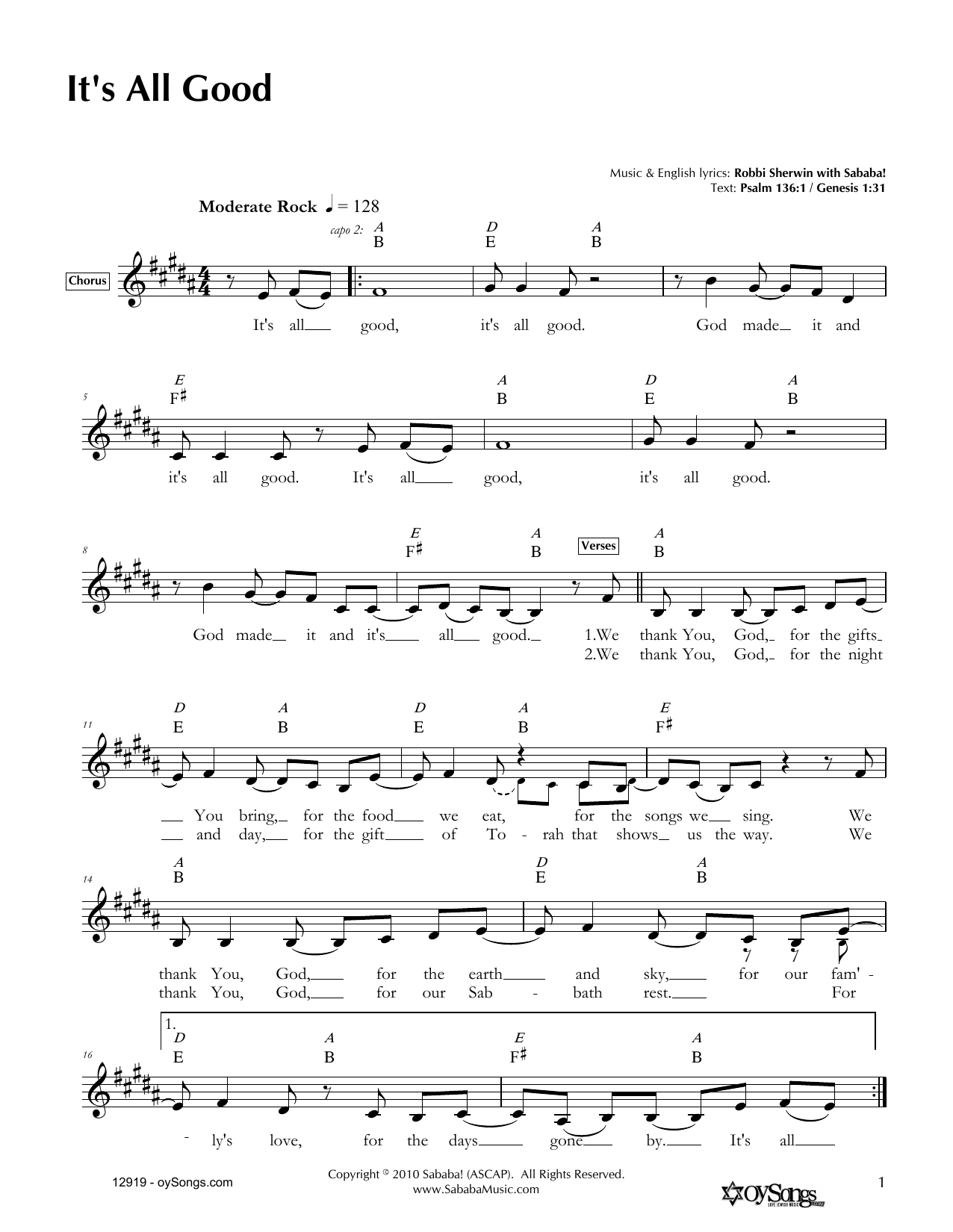 Download Robbi Sherwin It's All Good Sheet Music and learn how to play Melody Line, Lyrics & Chords PDF digital score in minutes