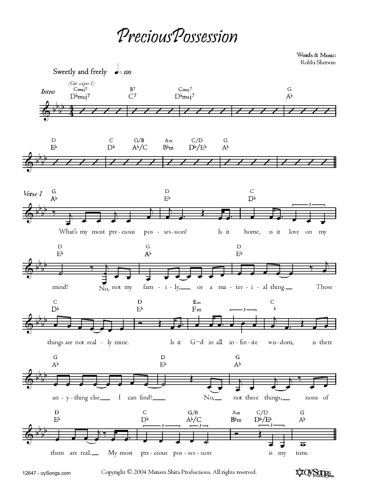 Download Robbi Sherwin Precious Possession Sheet Music and learn how to play Real Book – Melody, Lyrics & Chords PDF digital score in minutes