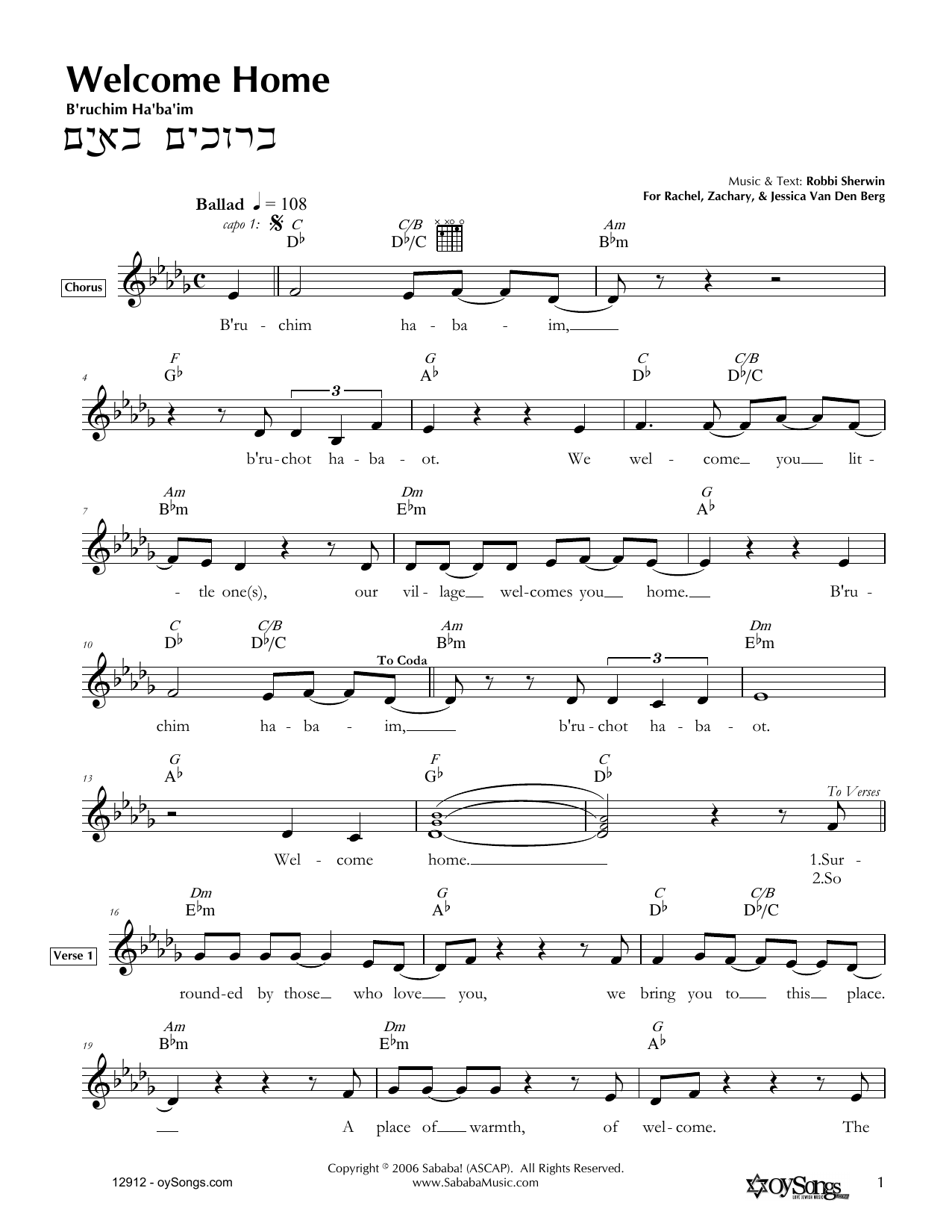 Download Robbi Sherwin Welcome Home Sheet Music and learn how to play Melody Line, Lyrics & Chords PDF digital score in minutes