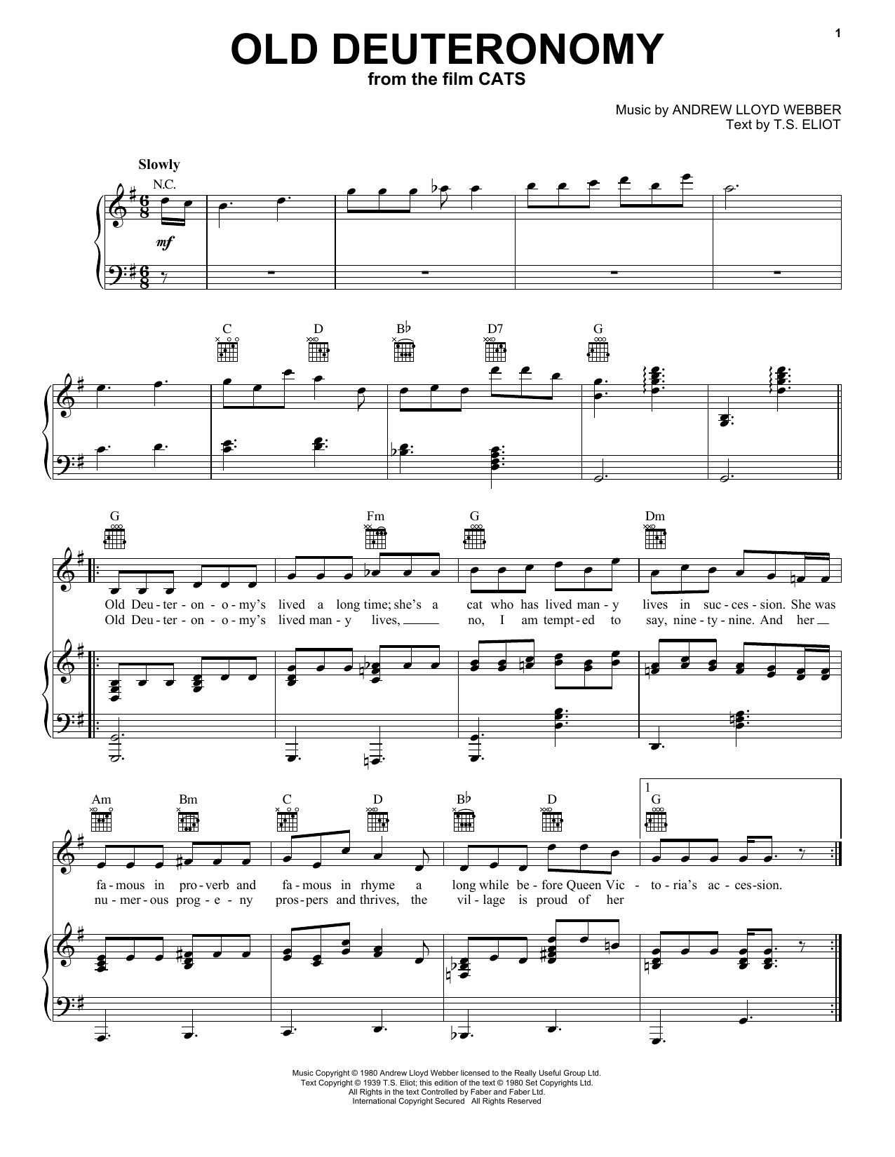 Download Robbie Fairchild Old Deuteronomy (from the Motion Picture Cats) Sheet Music and learn how to play Piano, Vocal & Guitar Chords (Right-Hand Melody) PDF digital score in minutes