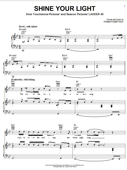 Download Robbie Robertson Shine Your Light Sheet Music and learn how to play Piano, Vocal & Guitar (Right-Hand Melody) PDF digital score in minutes