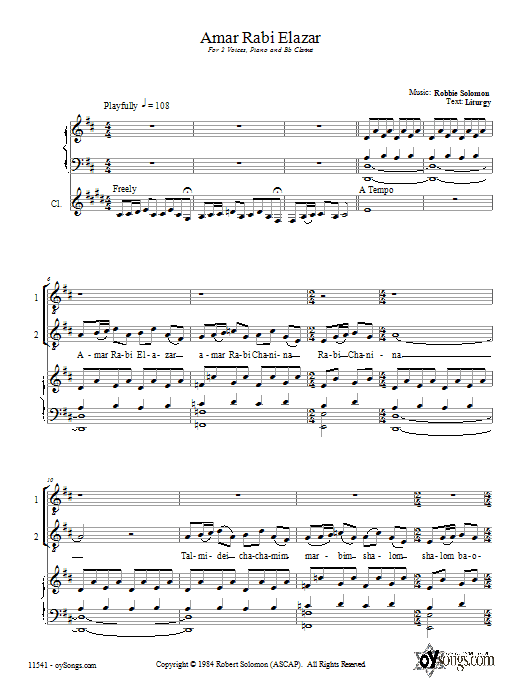 Download Robbie Solomon Amar Rabi Elazar Sheet Music and learn how to play 2-Part Choir PDF digital score in minutes
