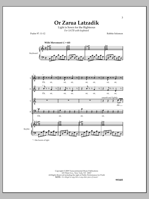 Download Robbie Solomon Or Zarua Sheet Music and learn how to play SATB Choir PDF digital score in minutes