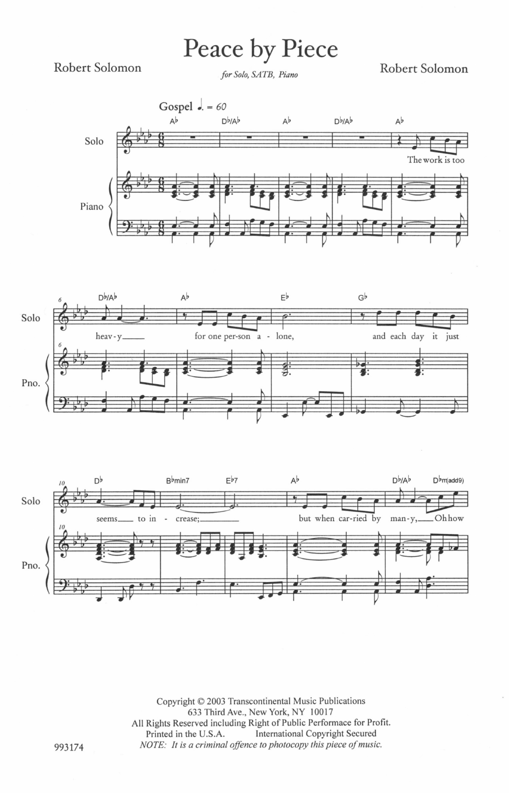 Download Robbie Solomon Piece By Peace Sheet Music and learn how to play SATB Choir PDF digital score in minutes