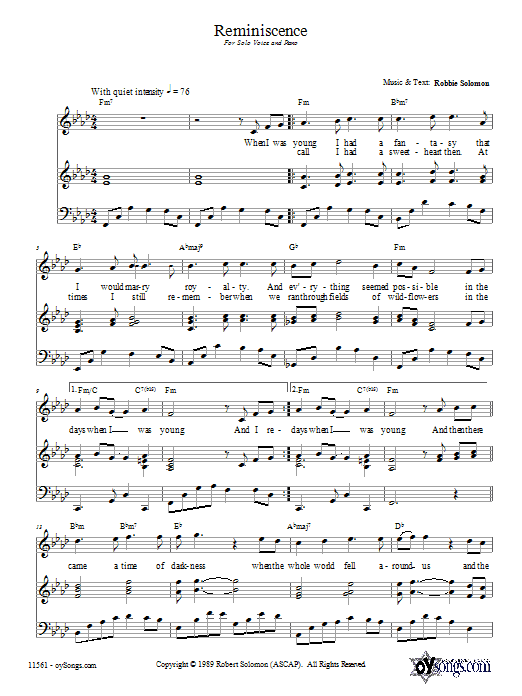 Download Robbie Solomon Reminscence Sheet Music and learn how to play Piano, Vocal & Guitar (Right-Hand Melody) PDF digital score in minutes