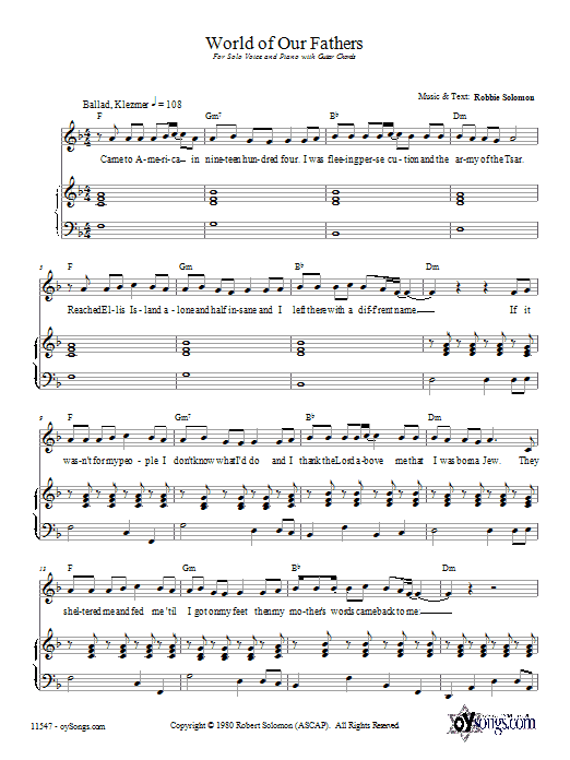 Download Robbie Solomon World of Our Fathers Sheet Music and learn how to play Piano, Vocal & Guitar (Right-Hand Melody) PDF digital score in minutes