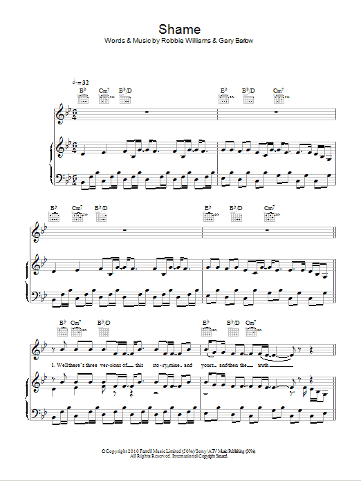 Download Robbie Williams & Gary Barlow Shame Sheet Music and learn how to play Piano, Vocal & Guitar (Right-Hand Melody) PDF digital score in minutes