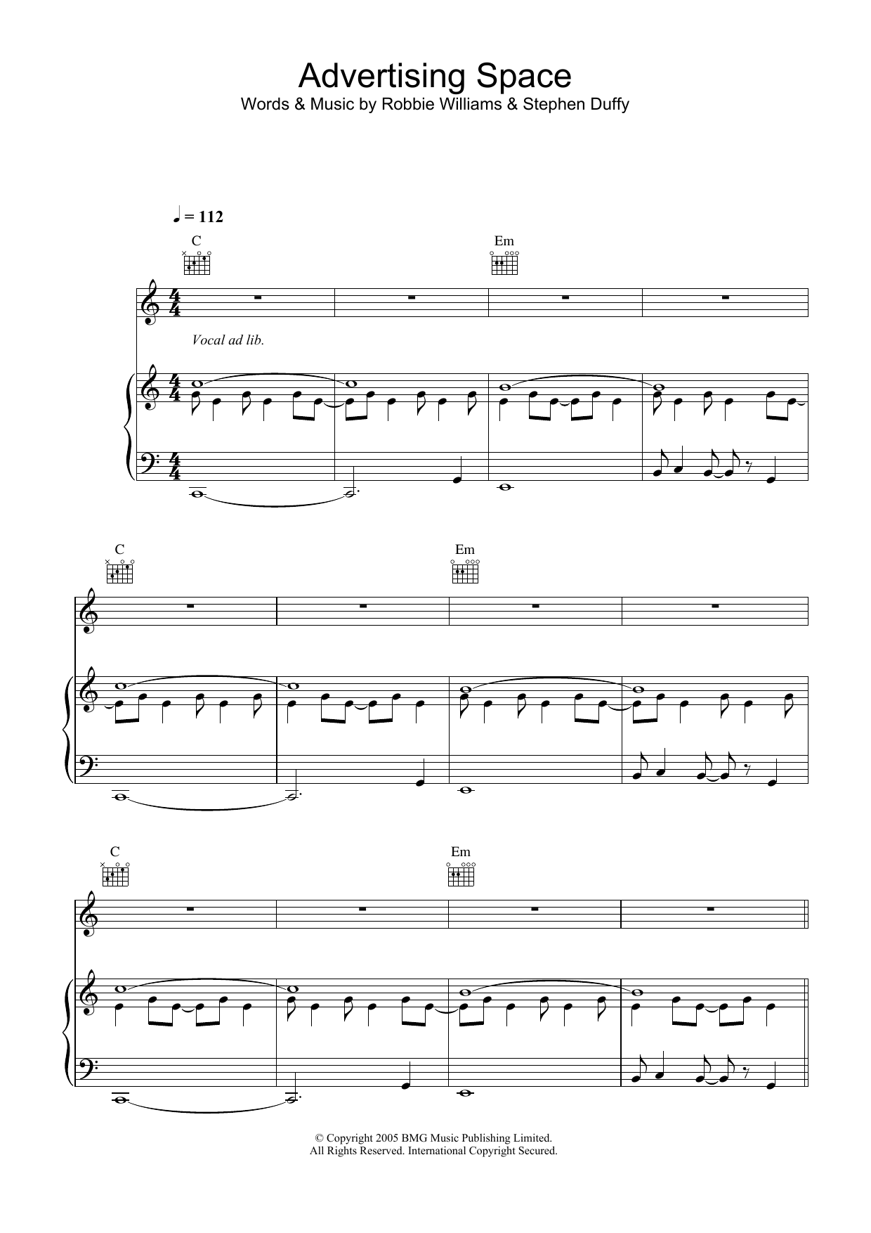 Download Robbie Williams Advertising Space Sheet Music and learn how to play Piano, Vocal & Guitar (Right-Hand Melody) PDF digital score in minutes