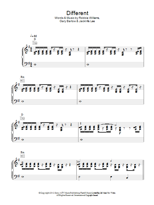 Download Robbie Williams Different Sheet Music and learn how to play Piano, Vocal & Guitar (Right-Hand Melody) PDF digital score in minutes