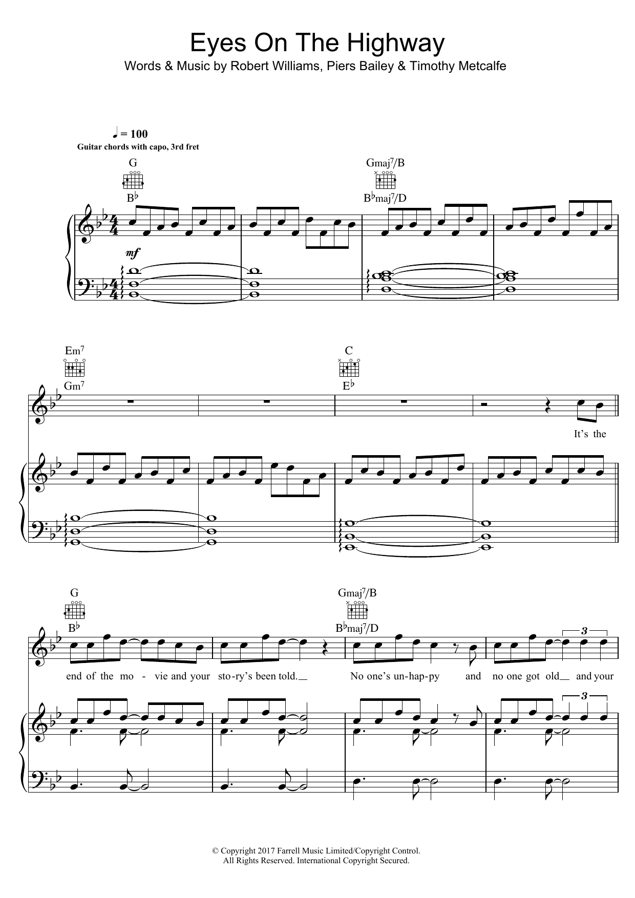Download Robbie Williams Eyes On The Highway Sheet Music and learn how to play Piano, Vocal & Guitar (Right-Hand Melody) PDF digital score in minutes