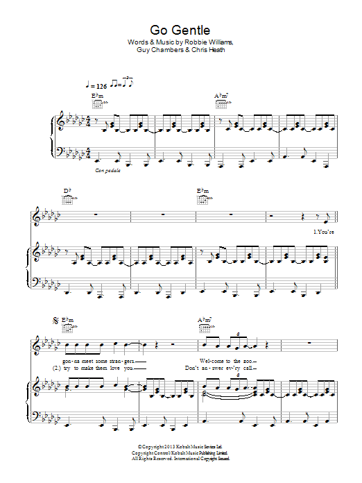 Download Robbie Williams Go Gentle Sheet Music and learn how to play Piano, Vocal & Guitar PDF digital score in minutes