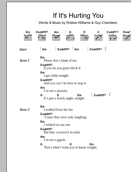 Download Robbie Williams If It's Hurting You Sheet Music and learn how to play Piano, Vocal & Guitar (Right-Hand Melody) PDF digital score in minutes