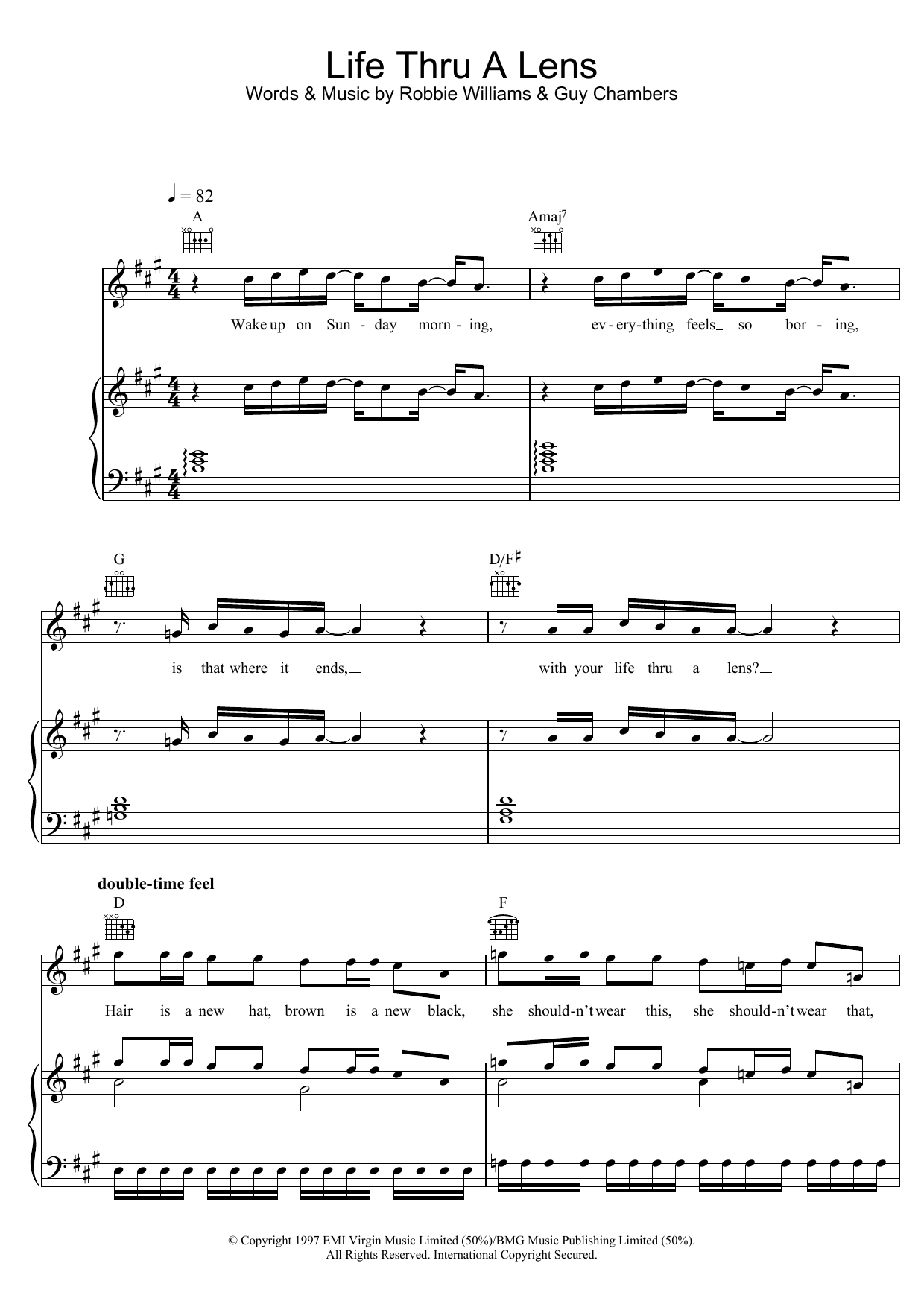 Download Robbie Williams Life Thru A Lens Sheet Music and learn how to play Piano, Vocal & Guitar (Right-Hand Melody) PDF digital score in minutes