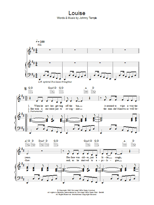 Download Robbie Williams Louise Sheet Music and learn how to play Piano, Vocal & Guitar PDF digital score in minutes