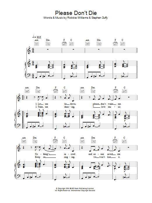 Download Robbie Williams Please Don't Die Sheet Music and learn how to play Piano, Vocal & Guitar (Right-Hand Melody) PDF digital score in minutes